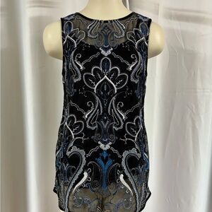 White House Black Market Black and Blue Sheer Embroidered Top over tank top S